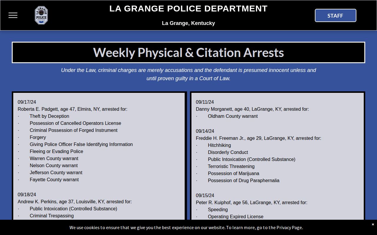 La Grange Police weekly arrest and citation record page