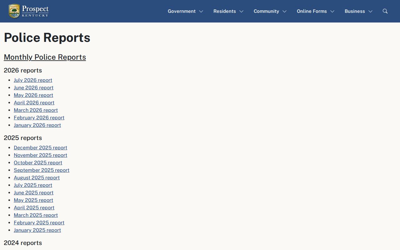 Prospect Police monthly arrest report archive in Oldham County